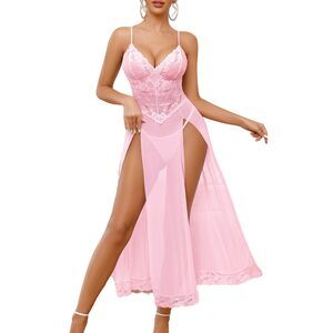 4184 Pink Lingerie Plus Size Sexy Long Babydoll Dress Side Split Mesh